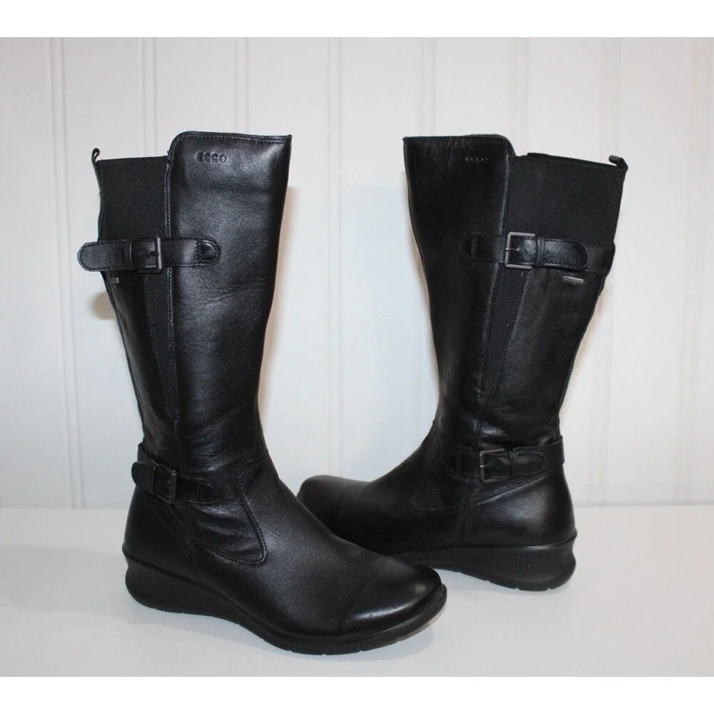 ECCO‎ Babett Boots EU 39 US 8 Black Leather GORE-TEX Waterproof Tall Wedge